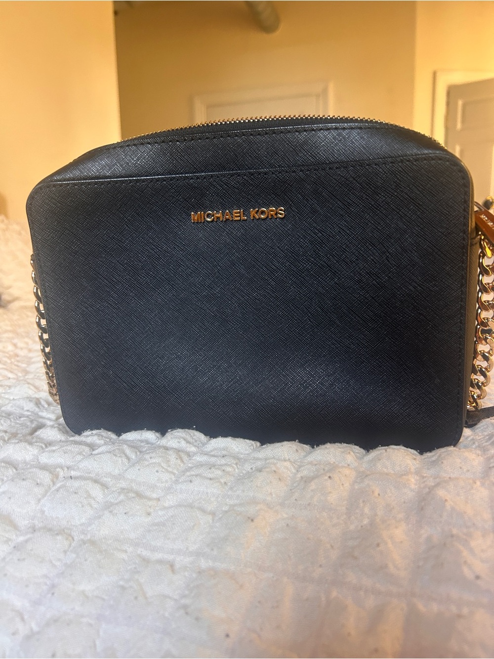 Michael Kors Black Saffiano Crossbody with Gold Chain